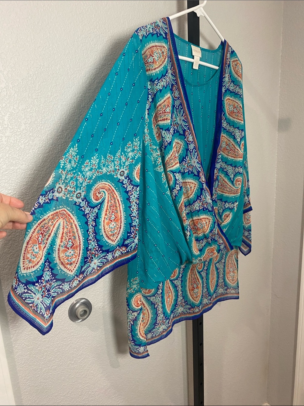 Chico's Turquoise Paisley Wrap-Style Blouse with Coral & Royal Accents high low - Picture 3 of 5